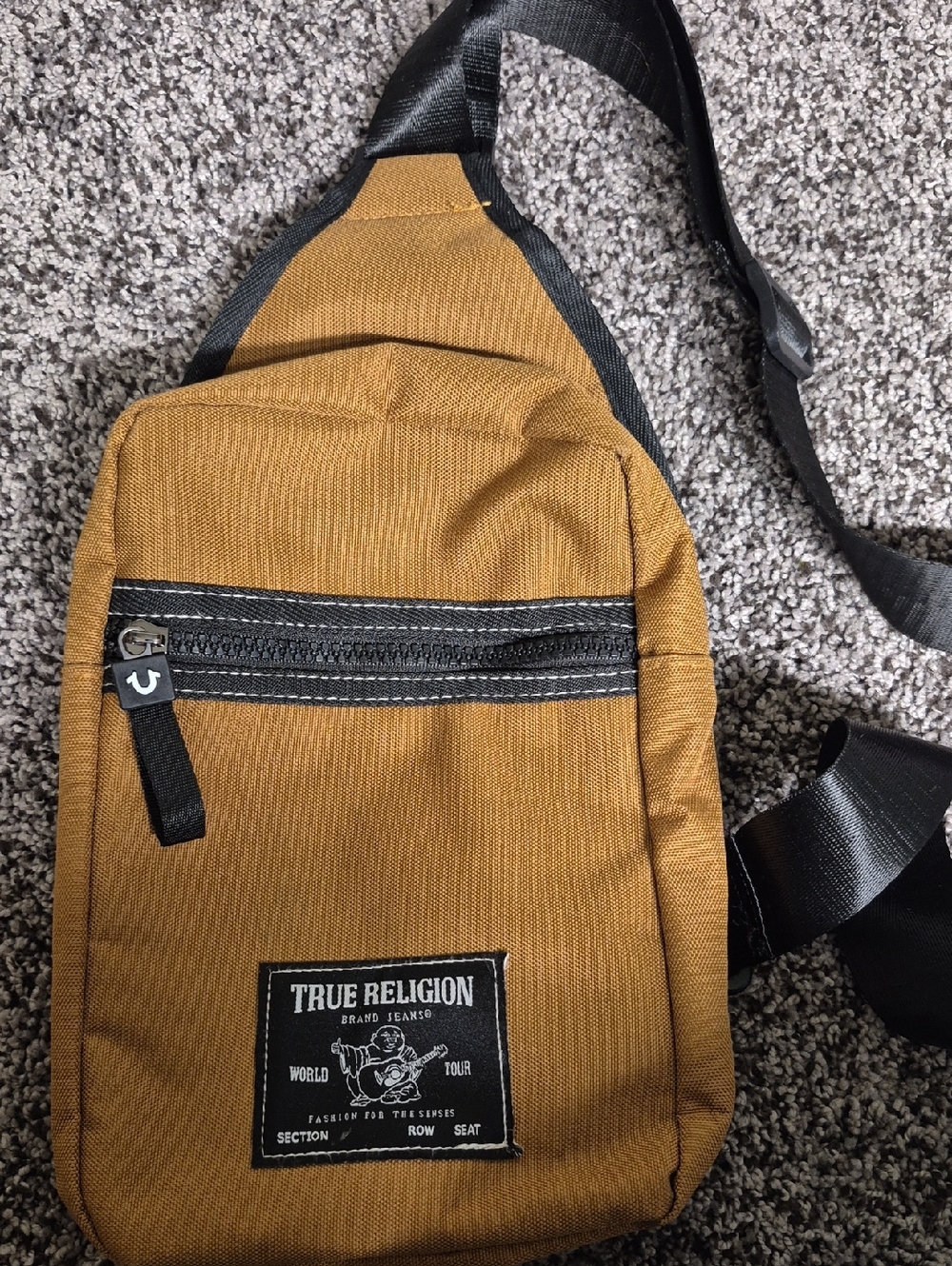 True Religion Caramel Brown Sling Bag with Black Strap